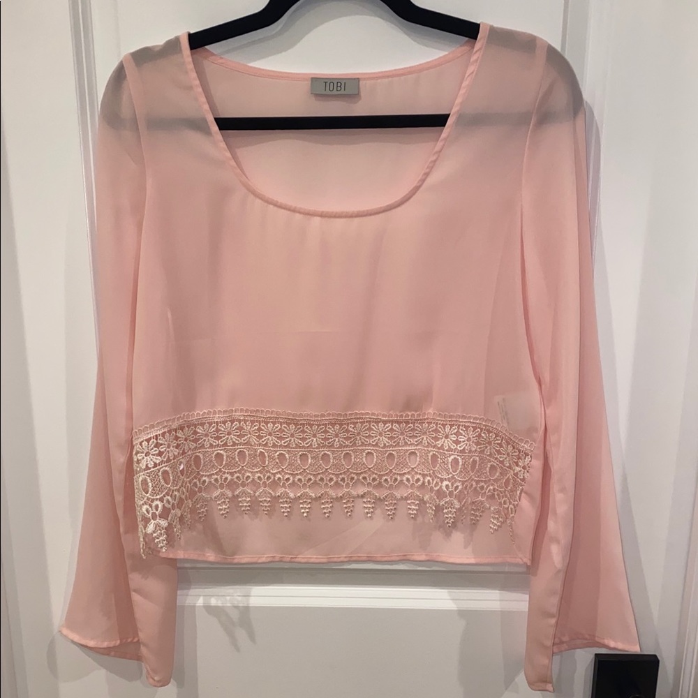 Sheer Baby Pink Long Sleeve Blouse Crochet/Lace